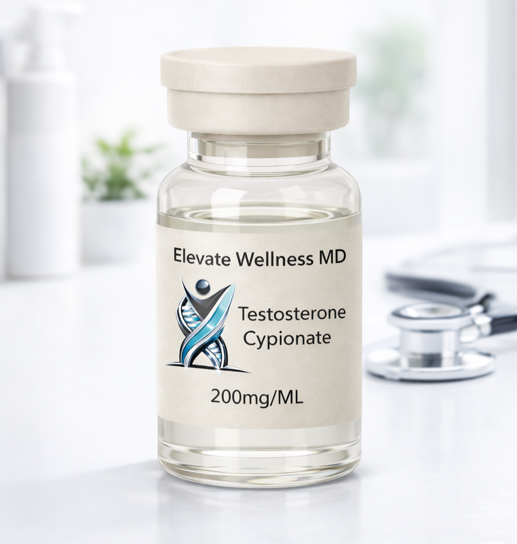 A clear glass bottle labeled 'Elevate Wellness MD Testosterone Cypionate 200mg/ML' with a white cap, sitting on a white surface in a bright, clinical setting.