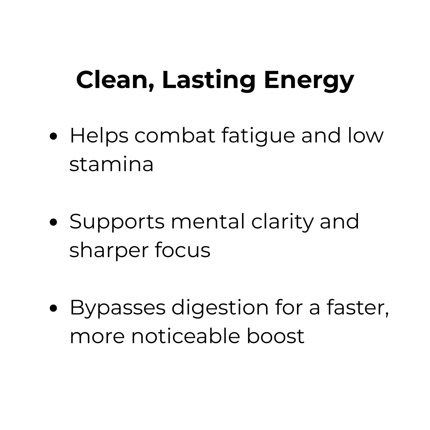 Text-based informational slide titled "Clean, Lasting Energy" listing benefits of a product or supplement, including aiding fatigue, mental clarity, sharper focus, and speeding digestion for a boost.