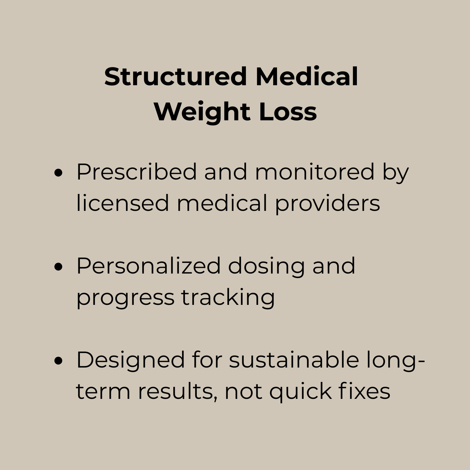 Text summarizing structured medical weight loss benefits, including medical supervision, personalized dosing, and sustainable results.