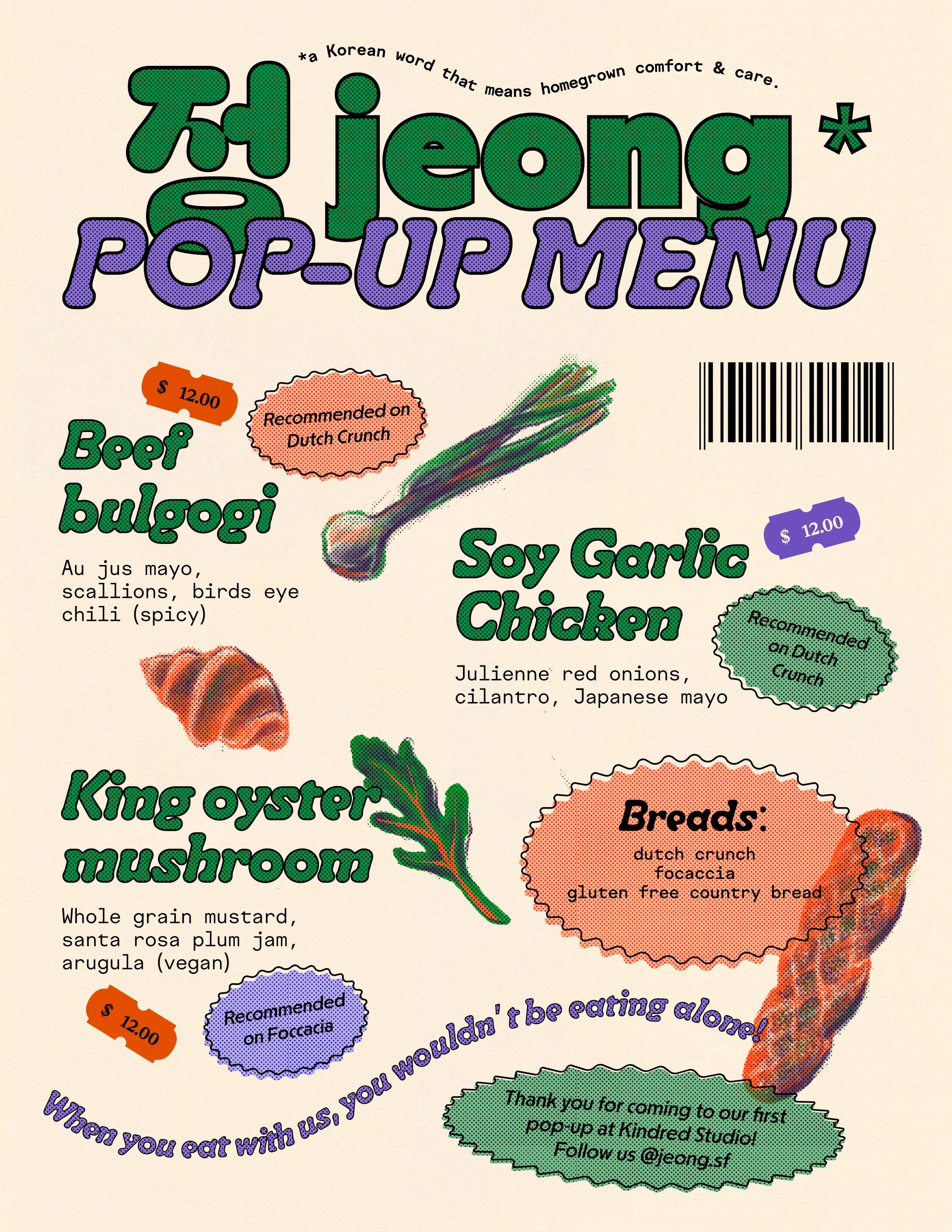 risograph prints of a menu for a pop-up sandwich shop