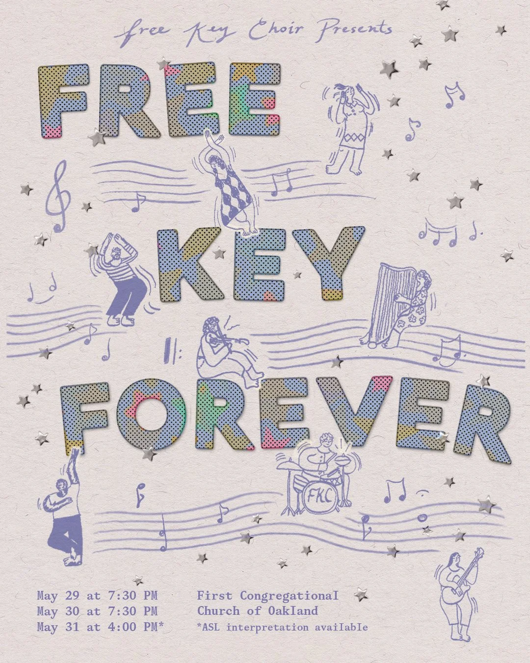 A poster with the title "Free Key Forever" showing illustrated people singing and dancing on a squiggly music staff in a whimsical style, surrounded by stars and music notes