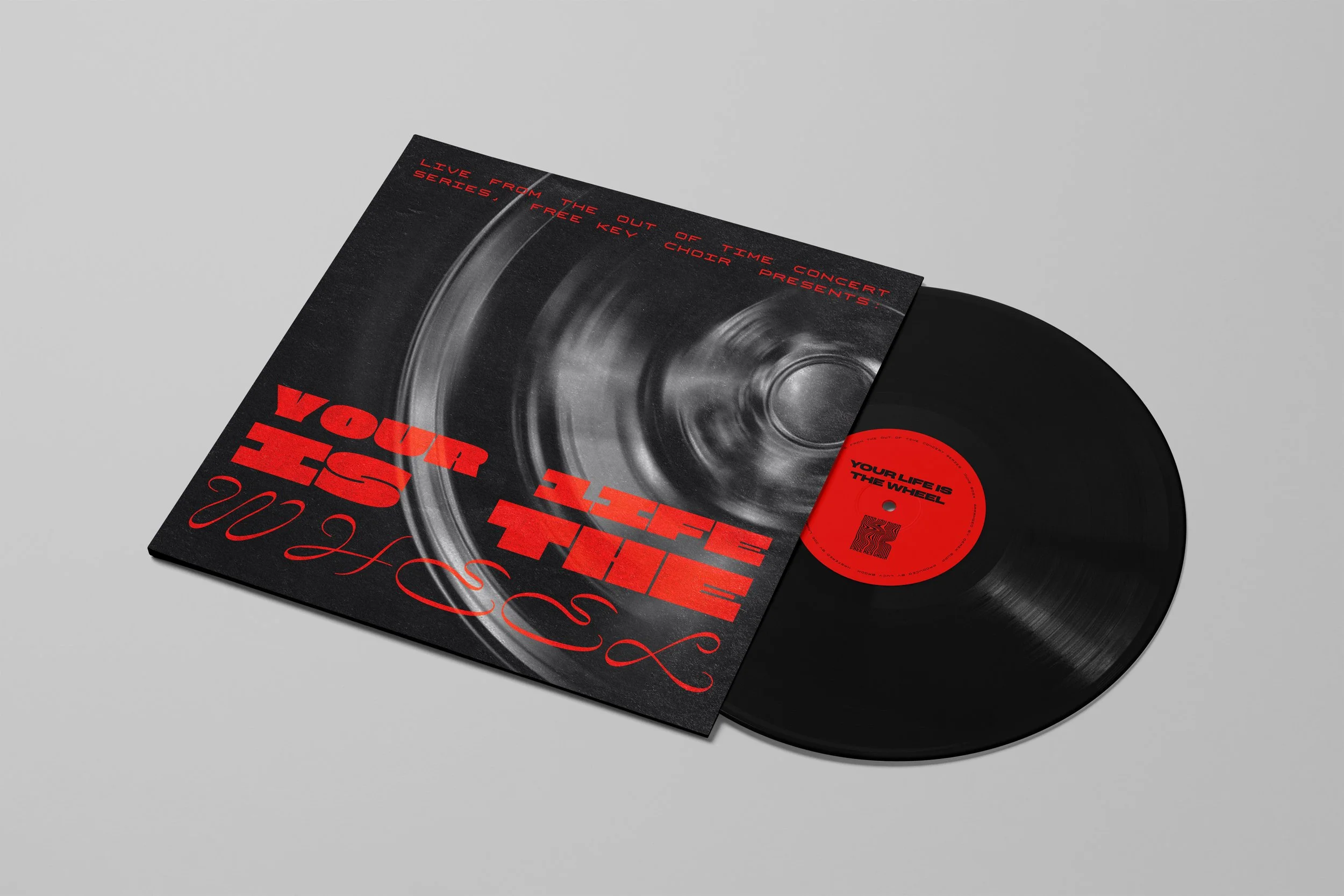 Three red, risograph printed posters advertising a choir concert titled 'Rust is a Slow Fire'. The posters list dates, times, and featured singers. The posters are placed on a cutting mat in a creative workspace.