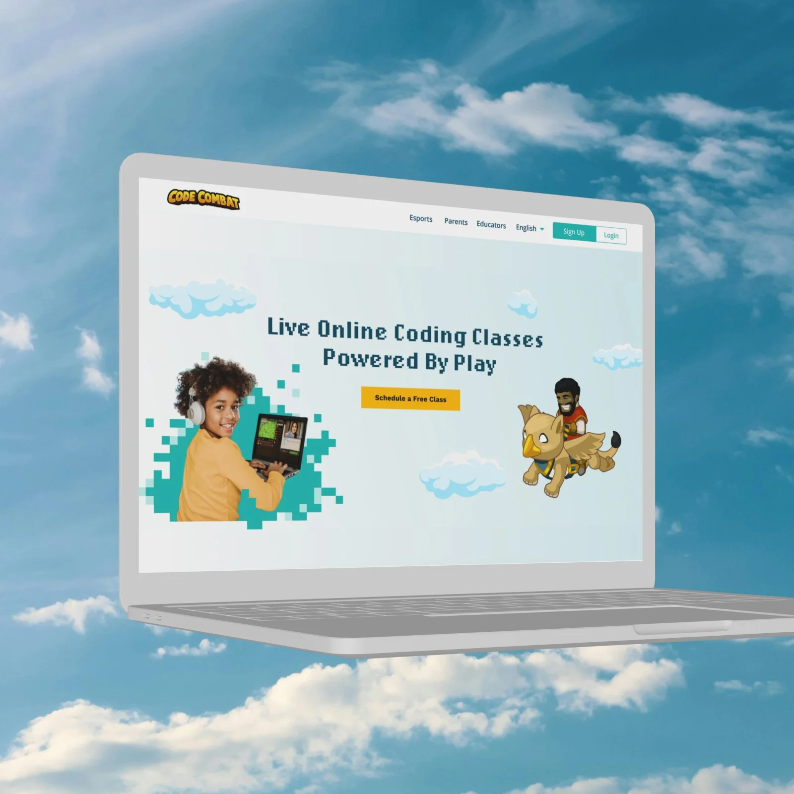 Laptop floating in the sky showing a website for CodeCombat's live online coding classes, with a young boy playing a coding game on a computer and an animated character riding a winged creature next to him.