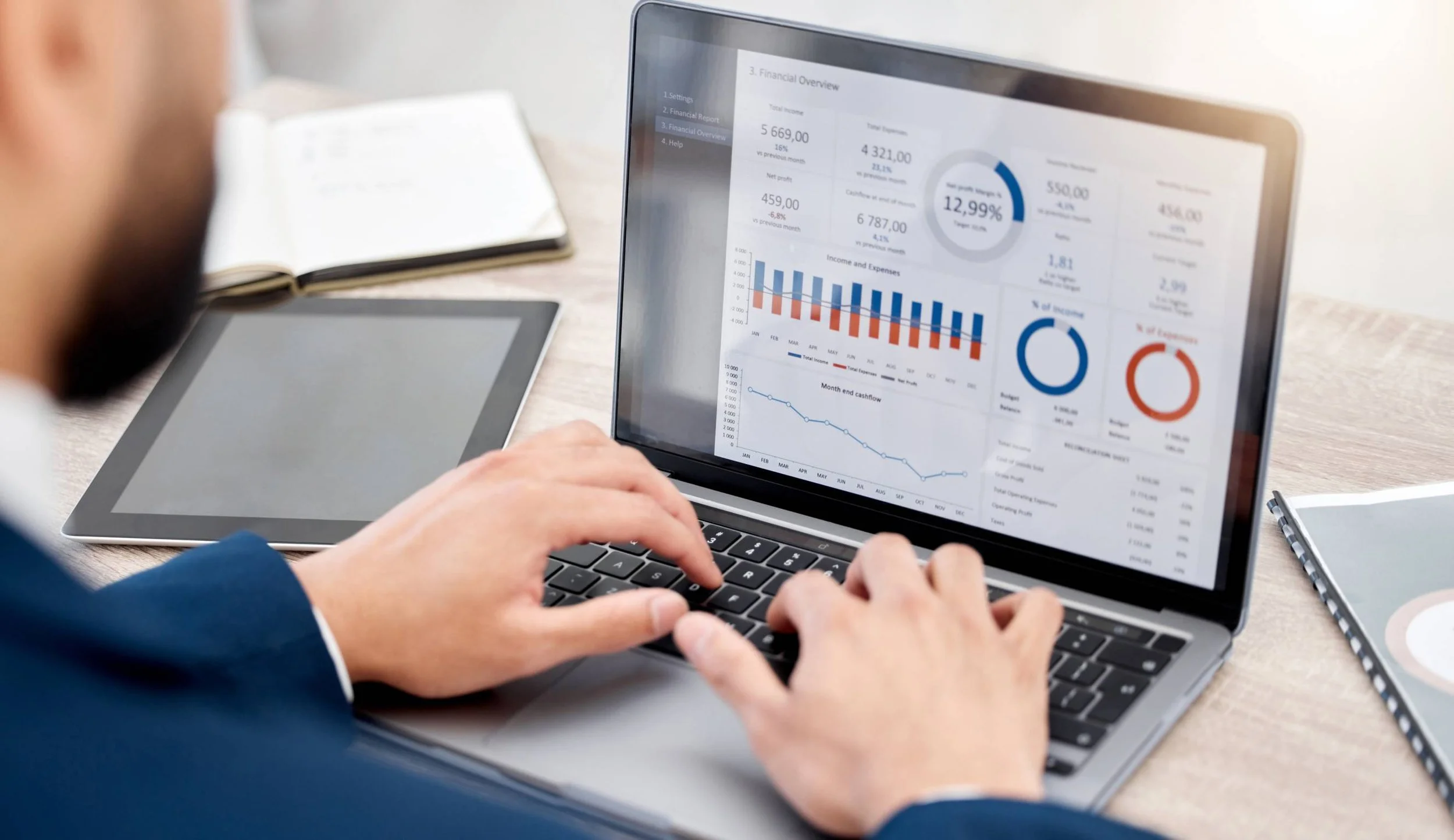 Person viewing financial data and graphs on a laptop screen, with a tablet, notebook, and pen on a desk.