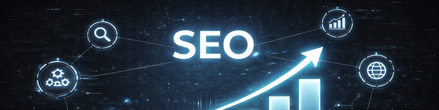 Digital illustration featuring the word 'SEO' surrounded by icons representing search, analytics, global connectivity, and gear settings, with an upward arrow indicating growth.