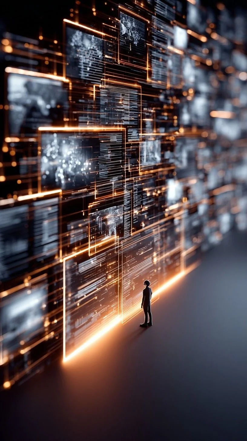 A person standing in front of a large digital wall displaying bright, interconnected screens and data visualizations.