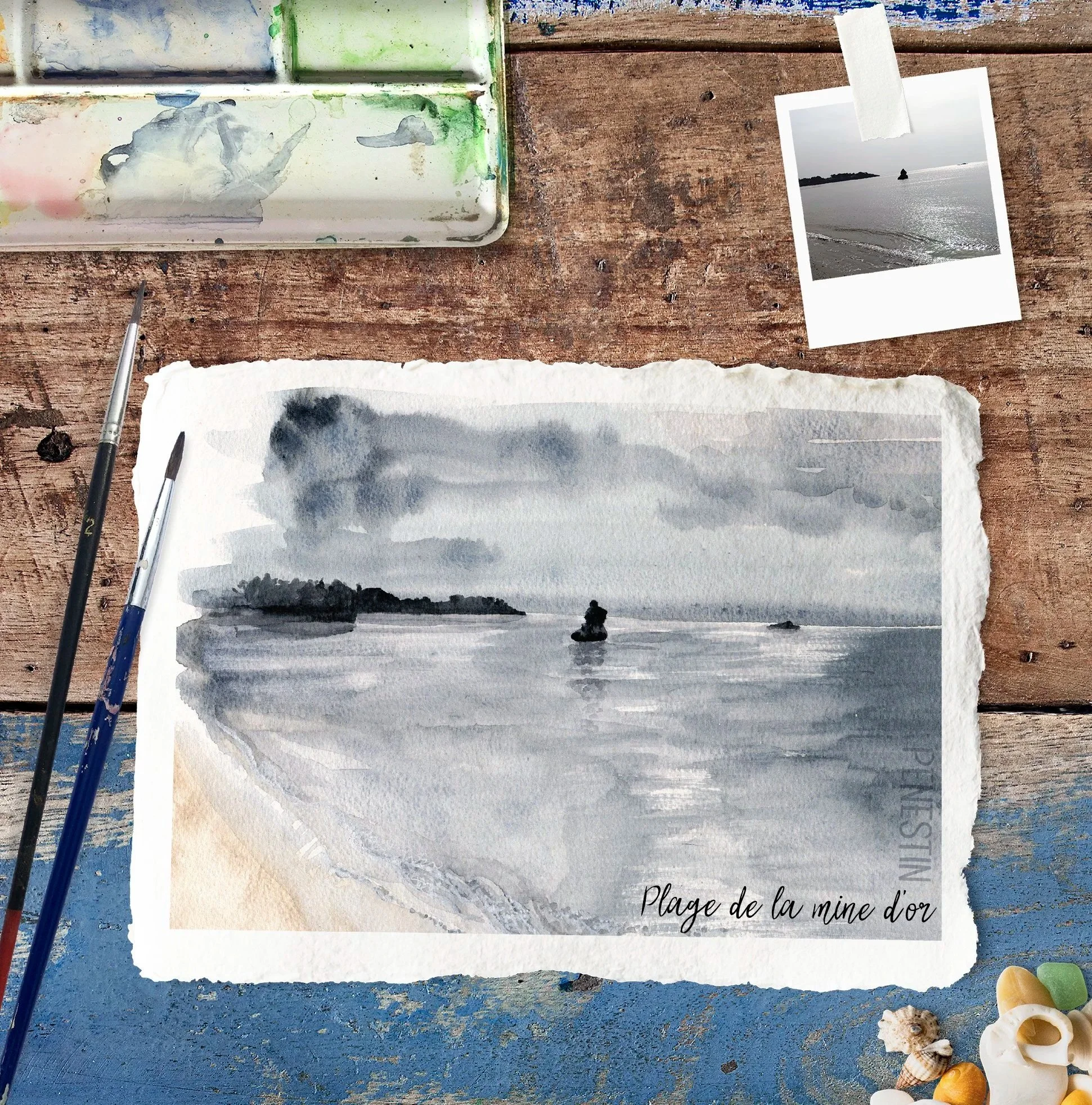 Aquarelle bord de mer, plage le la mine d'or à Penestin, carnet de voyage dans le Morbihan