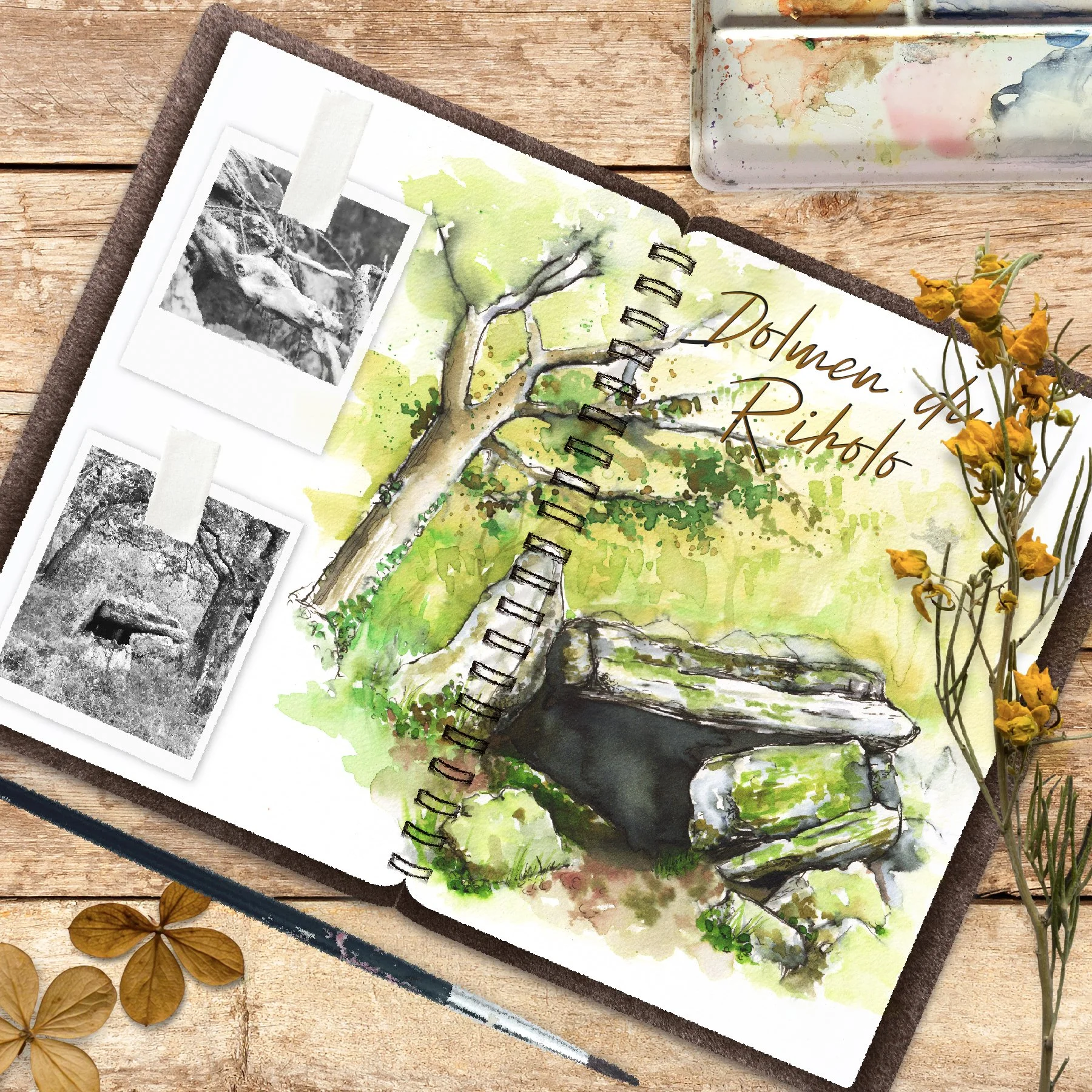 Dessin de Bretagne mystérieuse, aquarelle dolmen, carnet de voyage en Bretagne