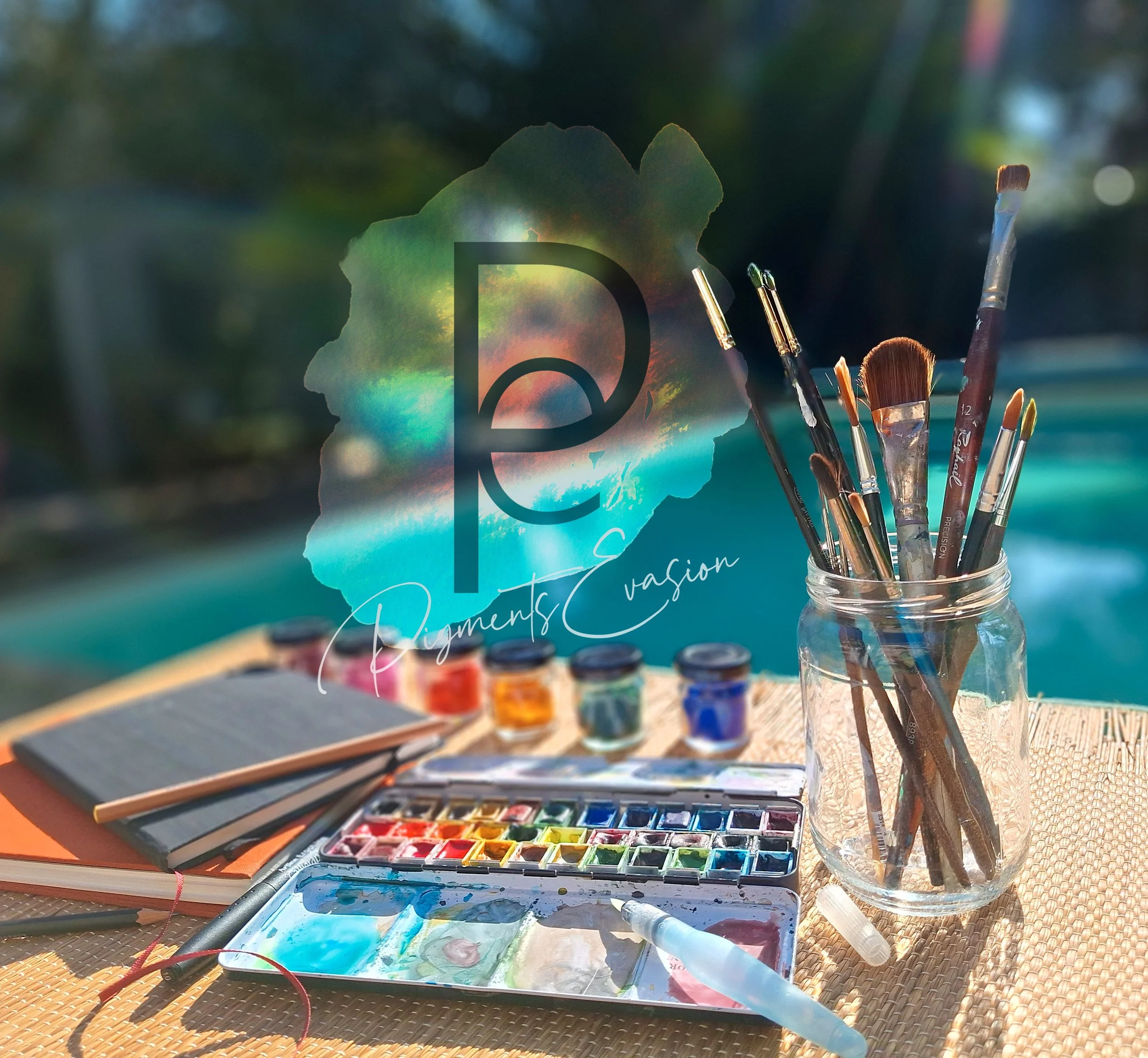 peinture, aquarelle et pinceaux, atelier en plein air