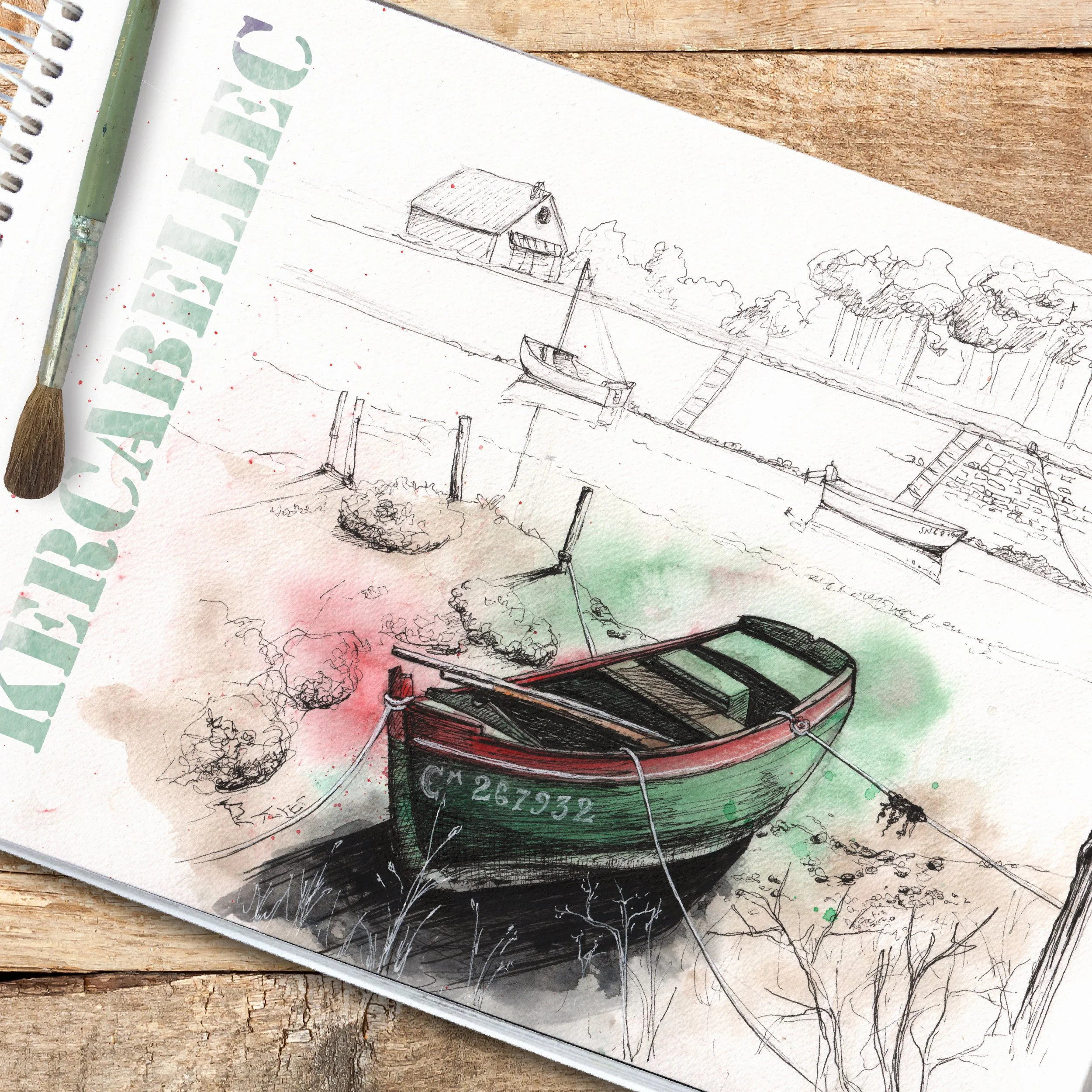 Croquis sur le vif d'un bateau, aquarelle mesquer Quimac
