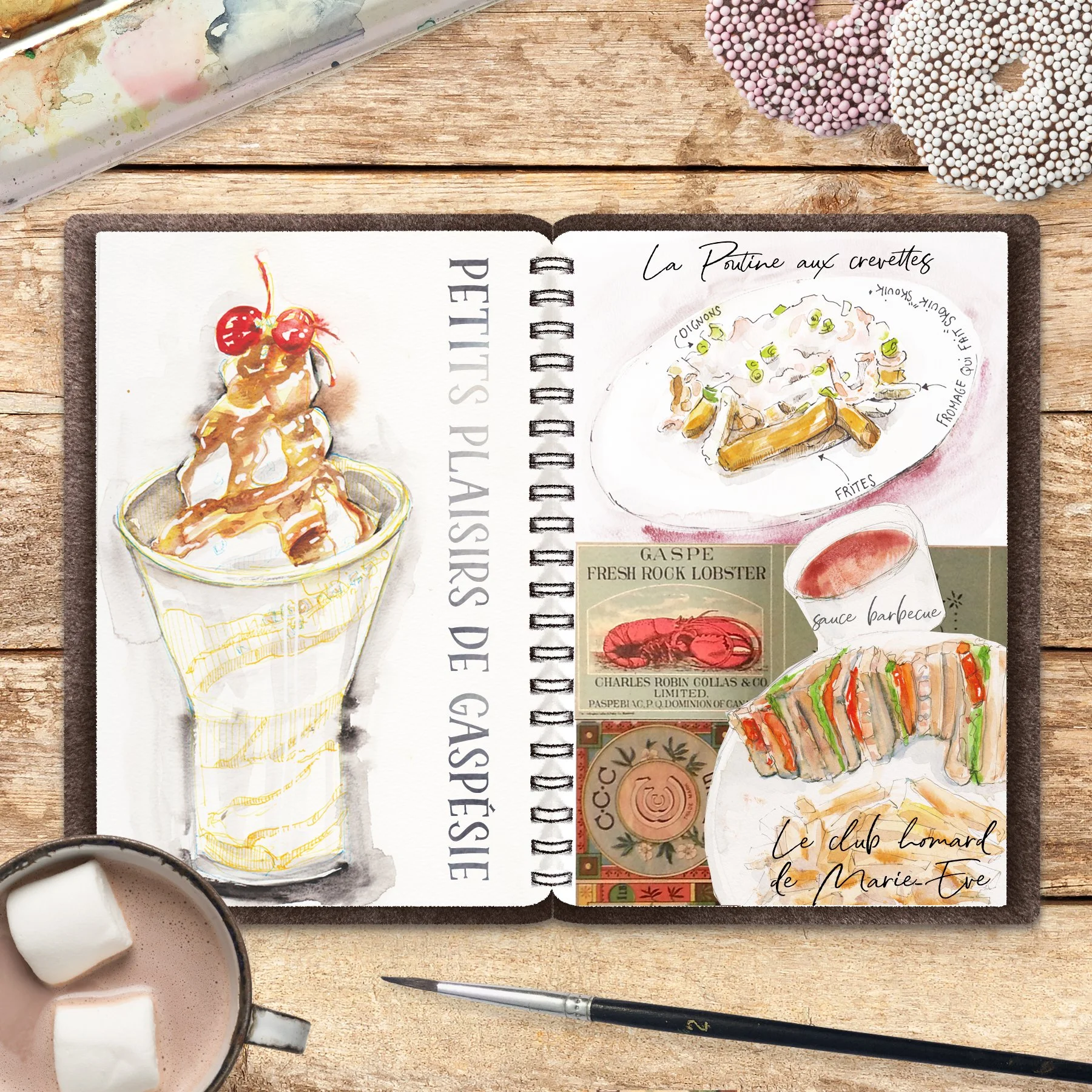 Carnet de voyage au Québec, dessin poutine, aquarelle de glace et croquis de club Homard.