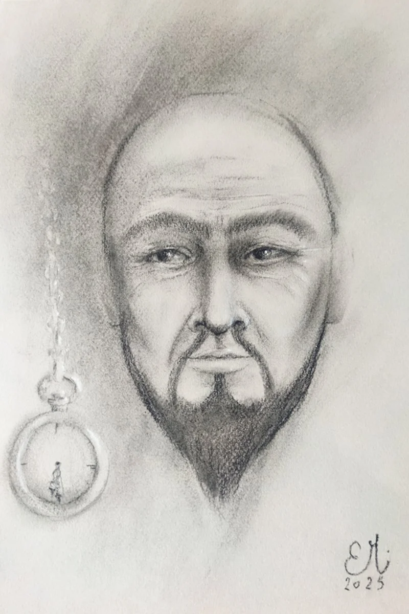 Portrait médiumnique en noir et blanc réalisé sur papier