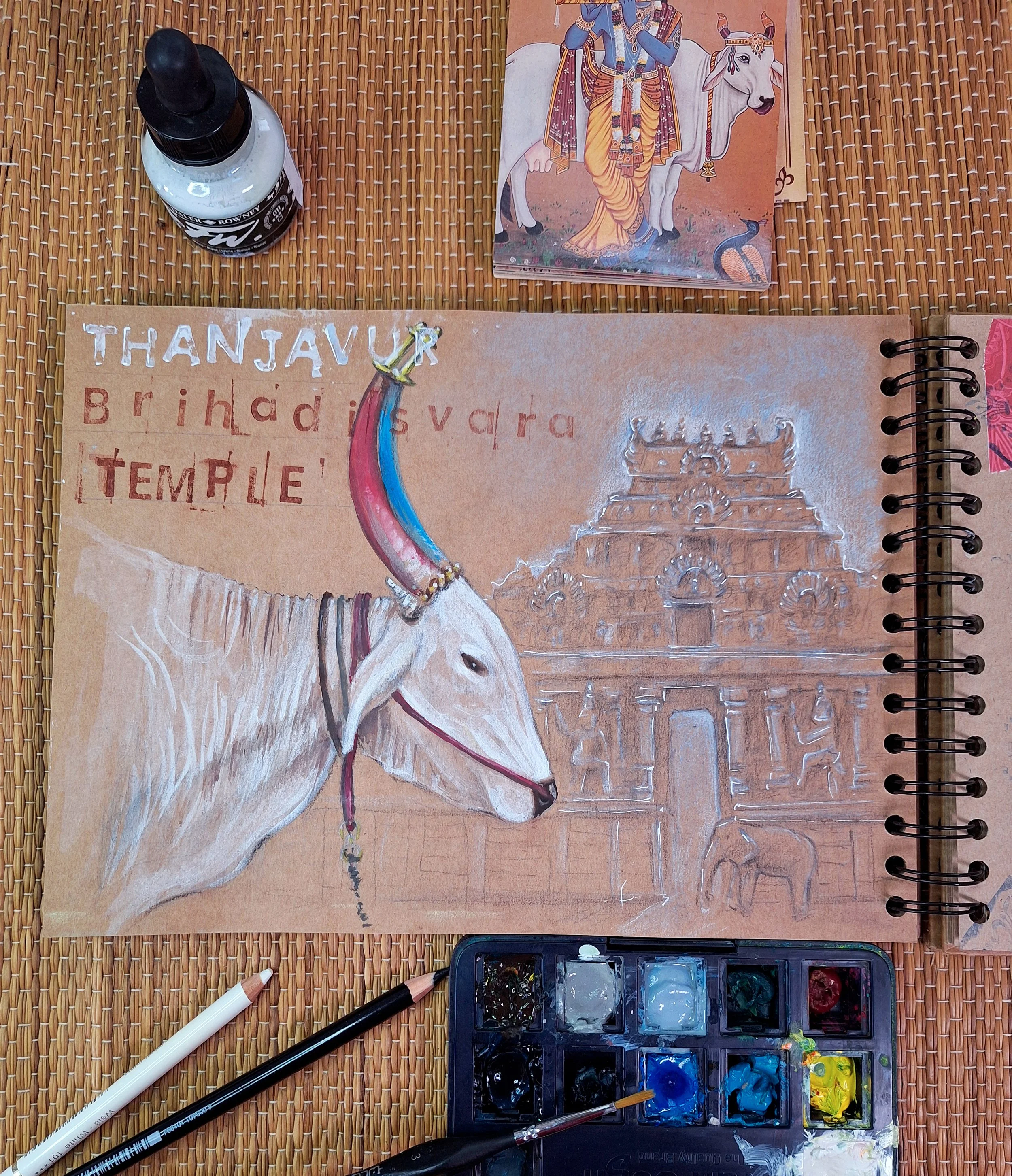 Croquis de voyage en Inde, vache sacrée à la gouache