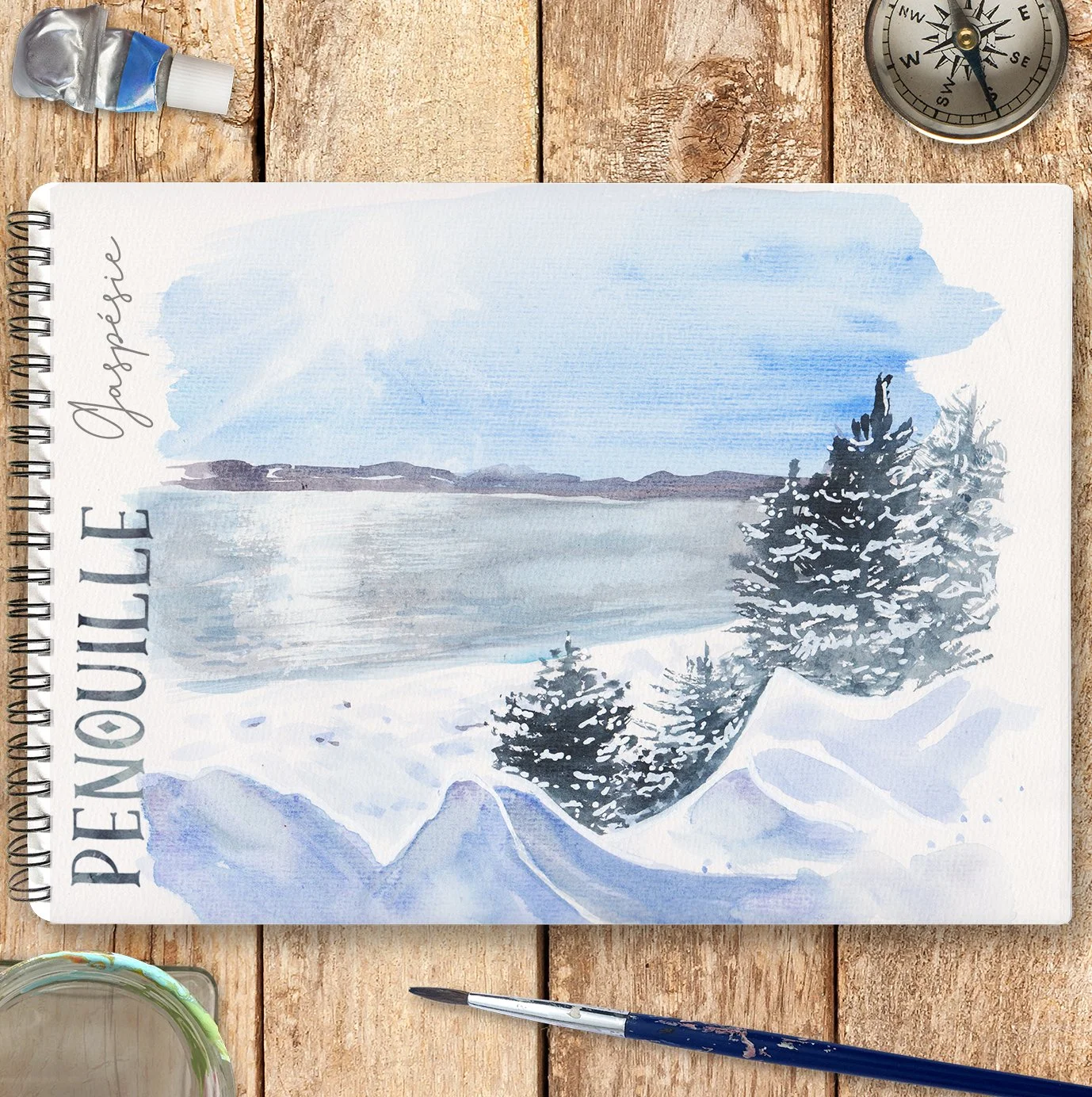 Aquarelle neige Facile, carnet de voyage en Gaspésie