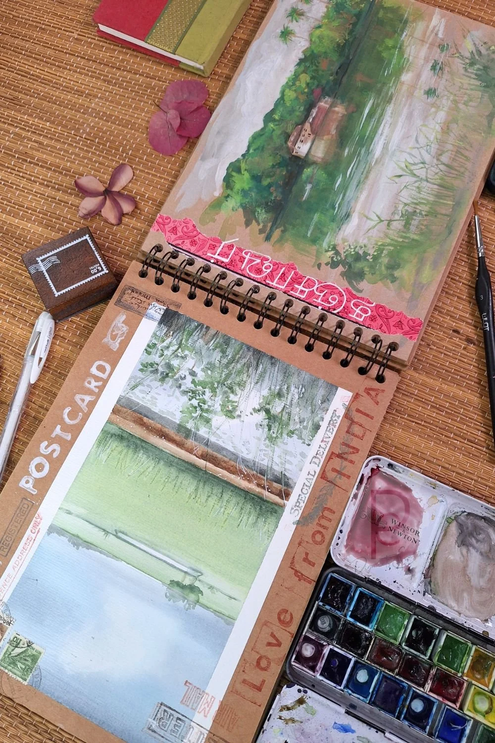 paysage riziere aquarelle et gouache