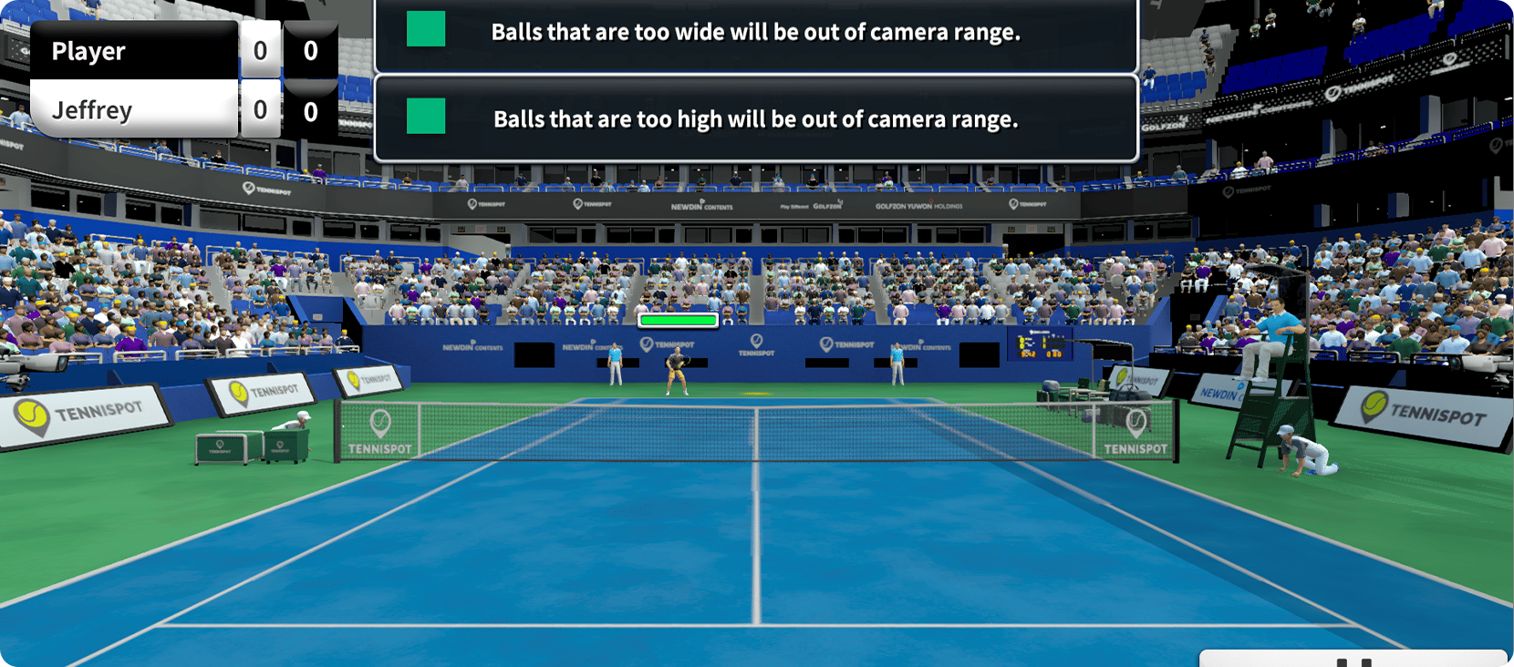 A virtual tennis court in a stadium with a large crowd of spectators, tennis officials, and digital advertising boards displaying the 'TENNISPORT' logo. The scoreboard shows a score of 0-0 for players Jeffrey and an unnamed player, with text messages indicating rules about ball width and height being out of camera range.