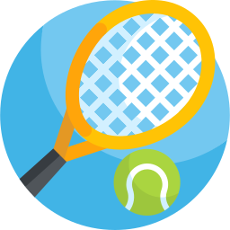 A tennis racket with a tennis ball on a blue background.