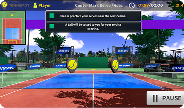 A virtual tennis court during a practice session with a scoreboard showing time and instructions to practice serves near the service line. There are tennis balls and banners with Samsung logos, with a small inset map of the court in the top left corner.