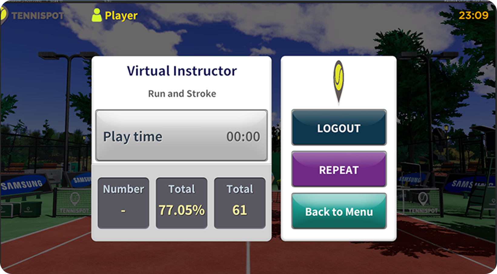 Screenshot of a tennis game interface with options for virtual instructor, logout, repeat, and back to menu, showing a tennis court background, the time 23:09, and game statistics.