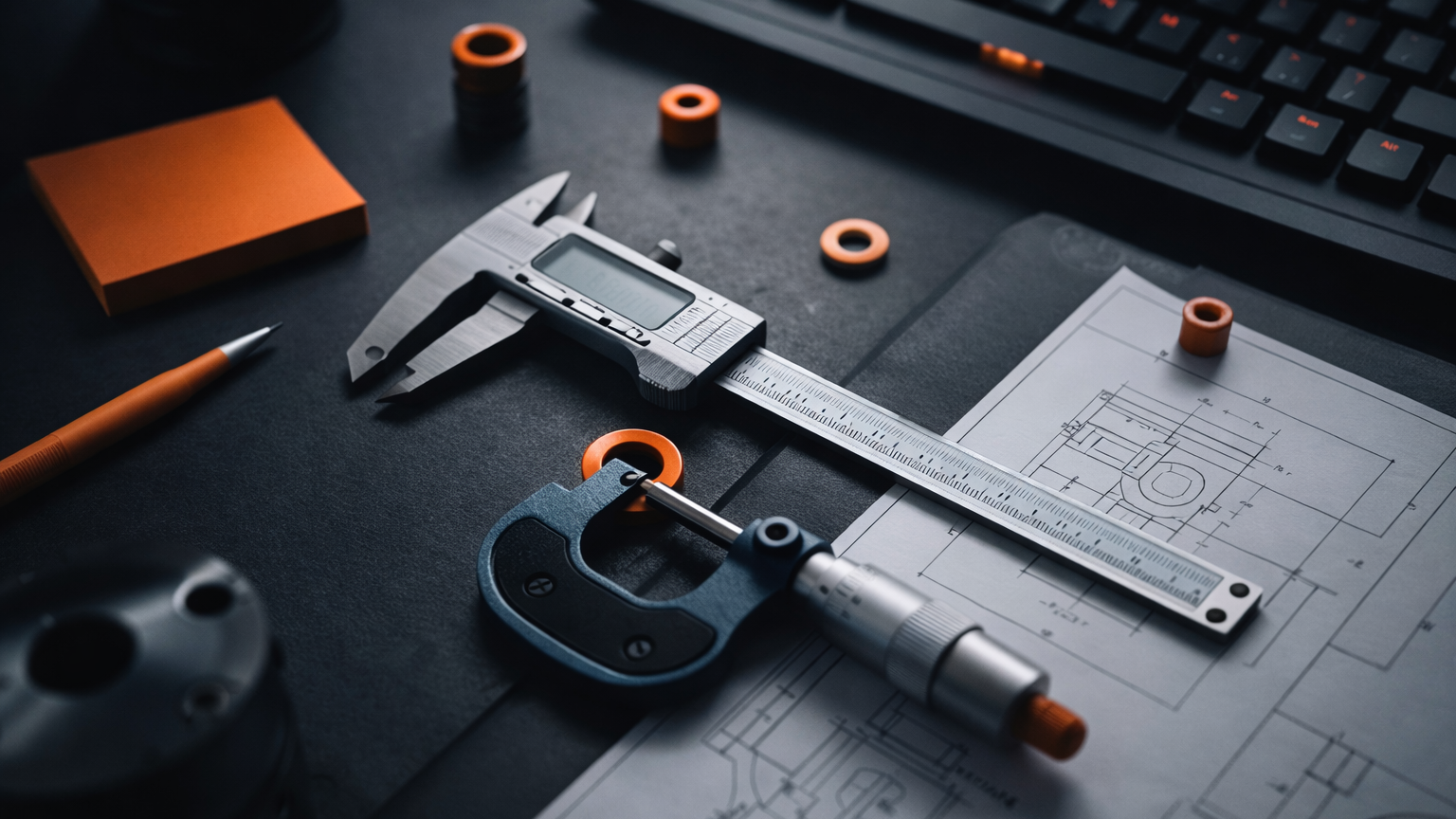 Engineering drawing with digital calipers and micrometer on a work desk, surrounded by a pen, orange sticky notes, and computer keyboard.