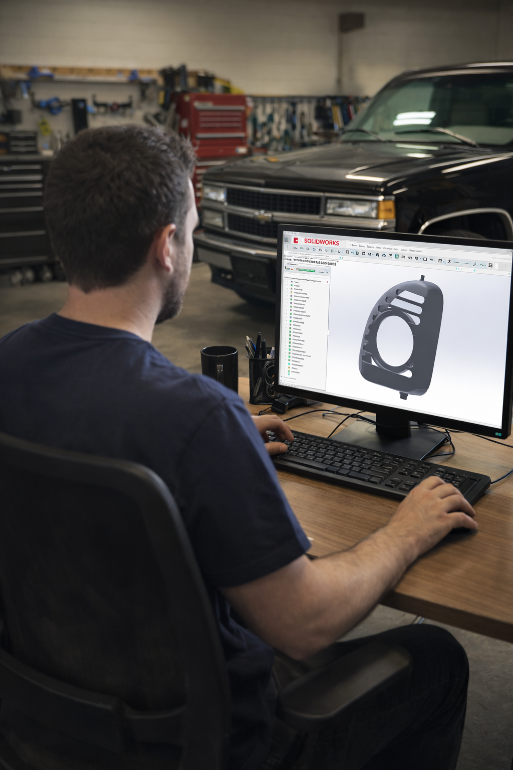 A man working on a computer with a CAD model of a mechanical part on the screen, in a garage with a black SUV and tools in the background.