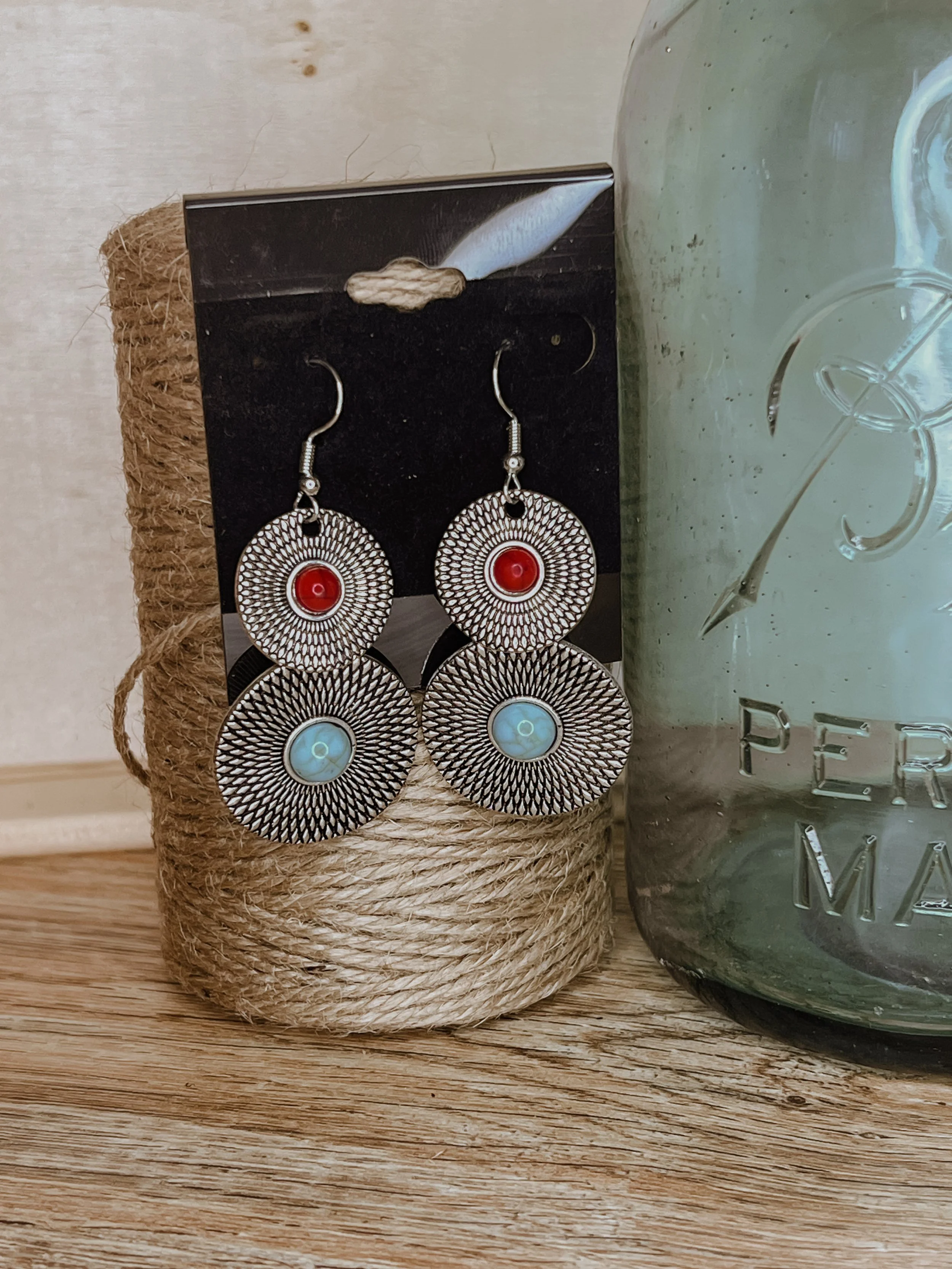 Red and Turquoise Double Circle Western Fashion Earrings