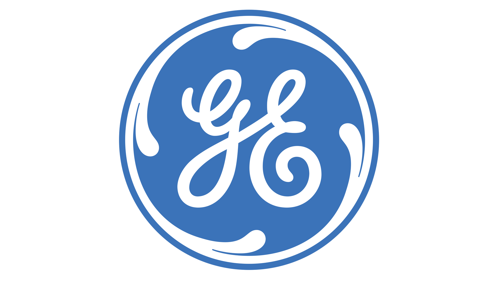 Blue circular logo with white cursive text 'GE' and decorative swirl designs.