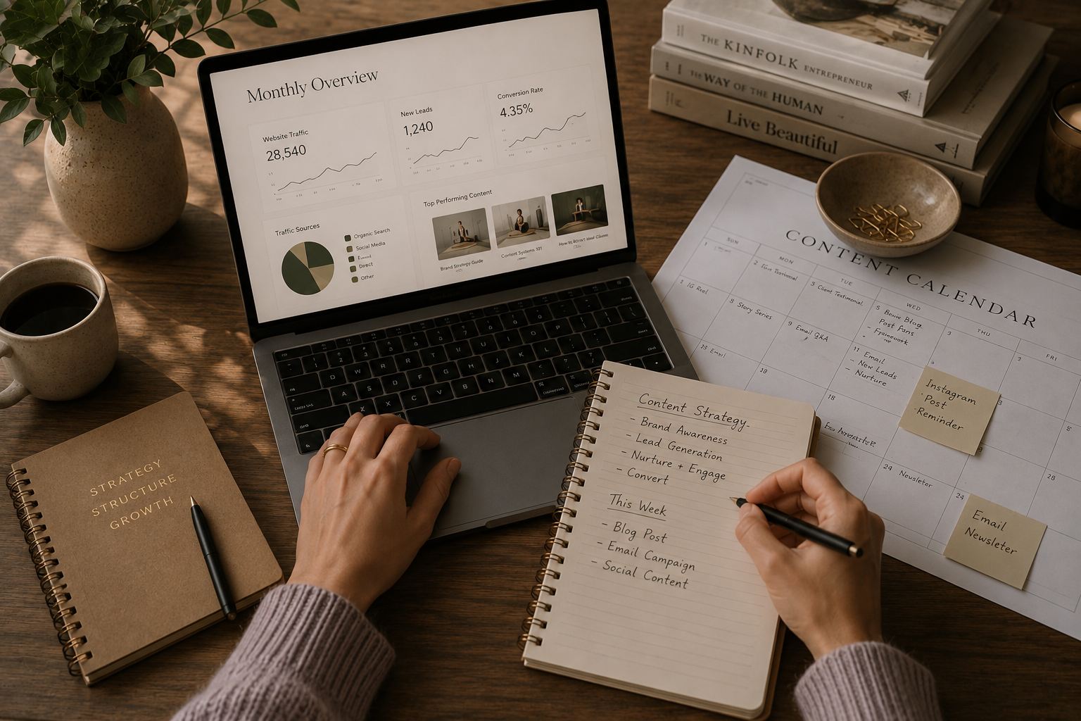 Desk workspace with laptop displaying analytics, a notebook with content strategy notes, a content calendar, books, a coffee mug, and a plant.