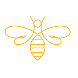 Simplified black and gold outline of a bee with symmetrical wings and striped abdomen.