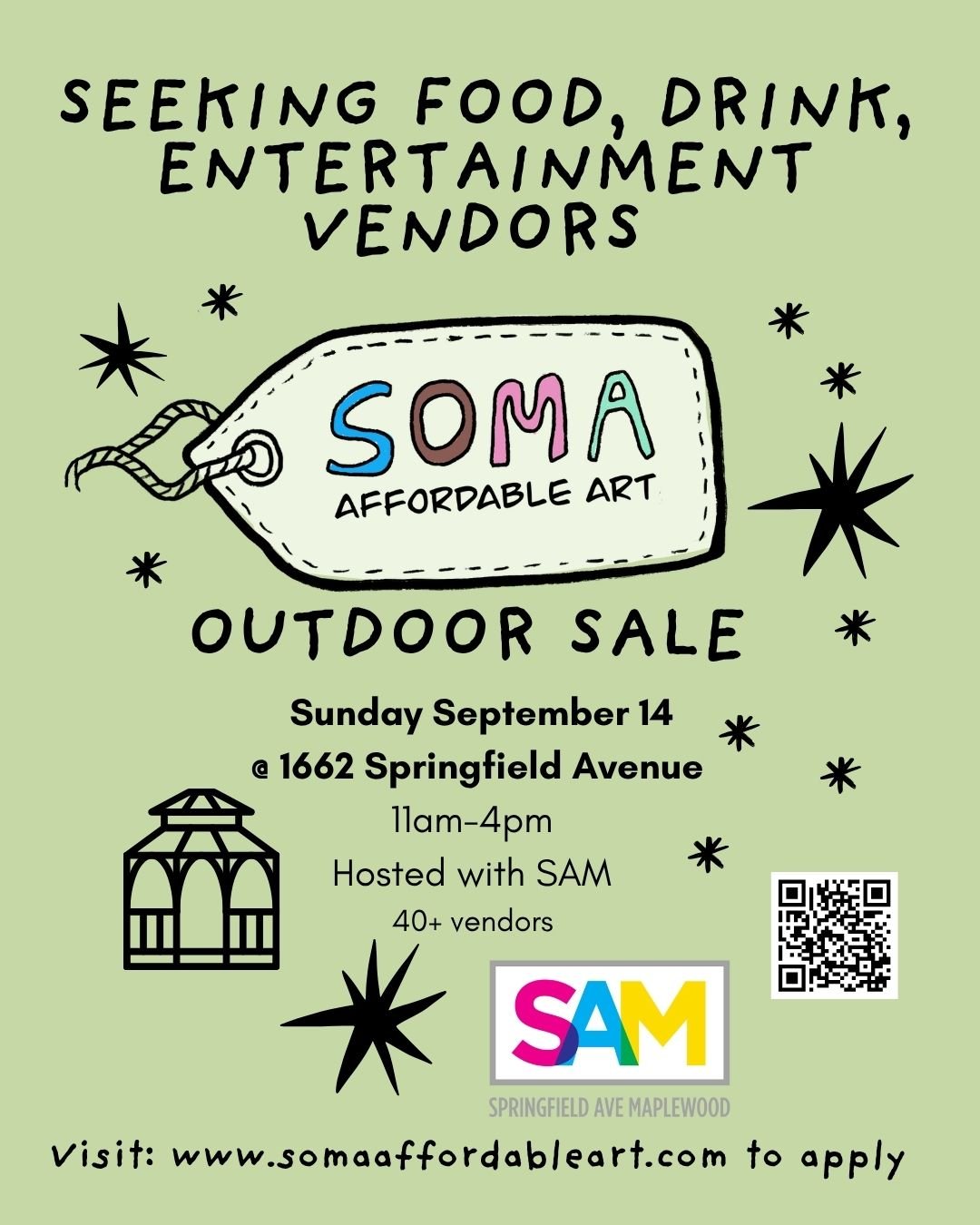 Flyer for an outdoor sale hosted by SOMA Affordable Art on September 14 at 1662 Springfield Avenue, 11am to 4pm, with over 40 vendors, hosted by SAM, featuring a QR code and a colorful SAM logo.