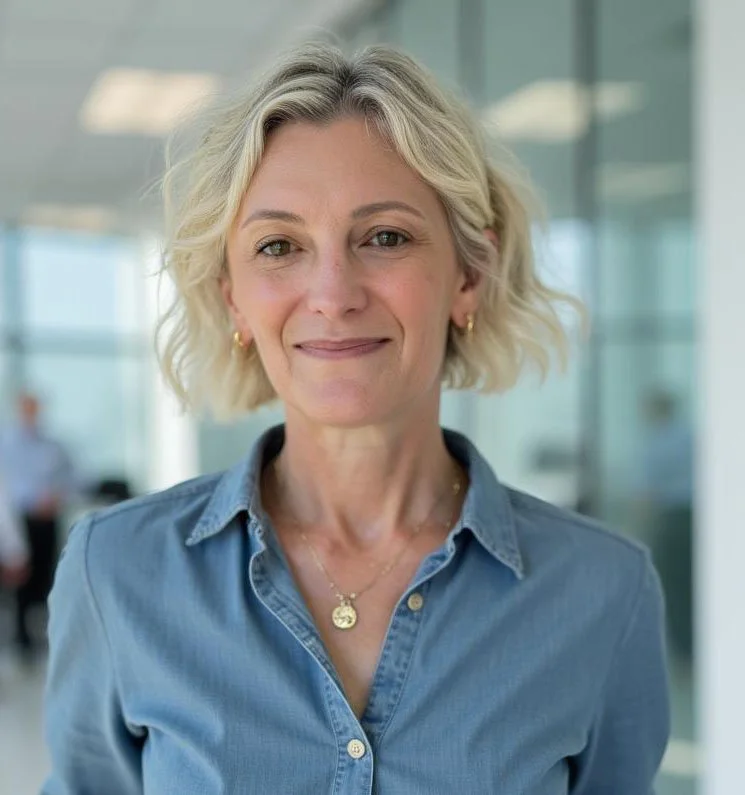 A woman with short, curly blonde hair smiling in an office setting.