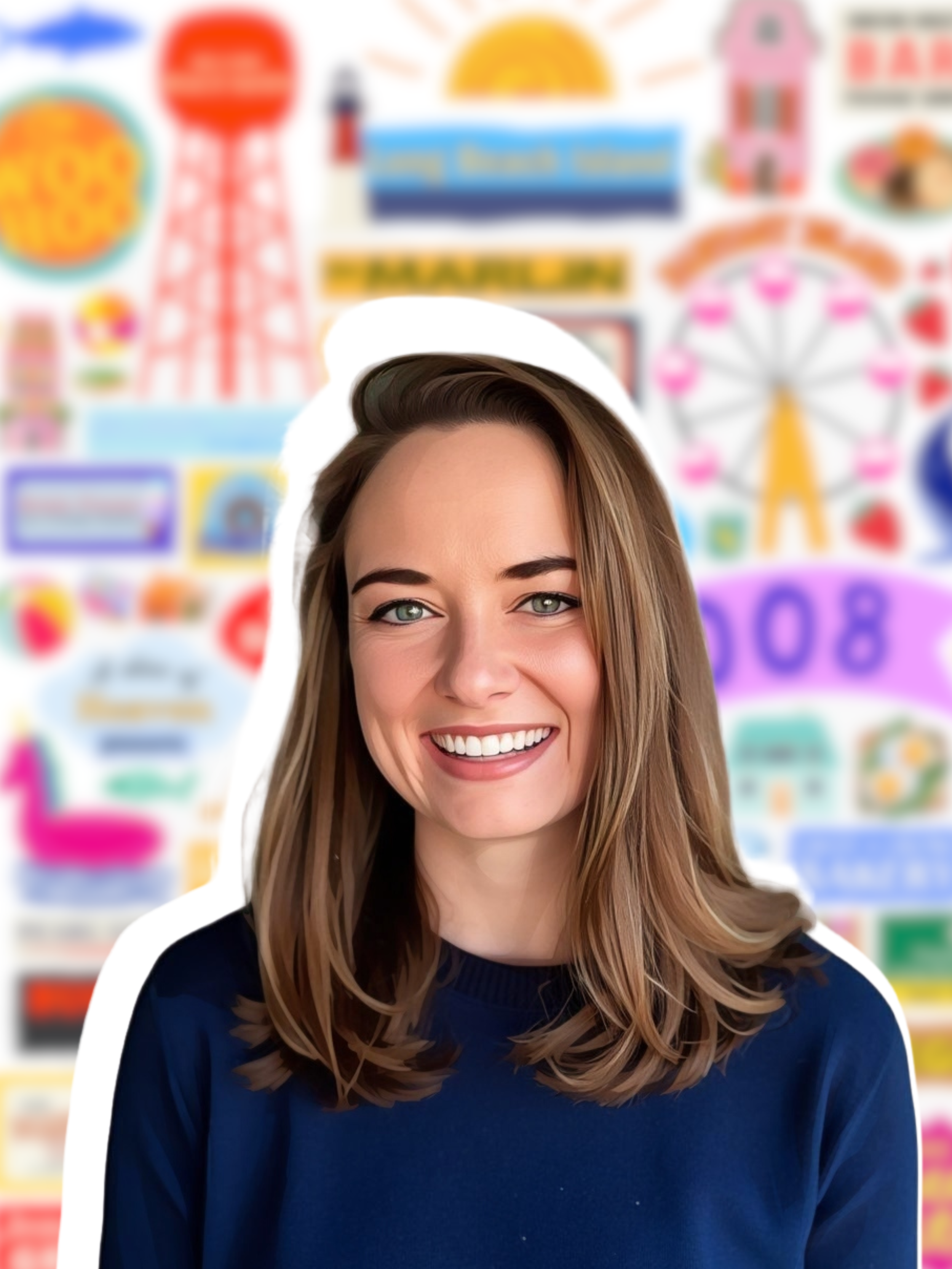 A smiling woman with long brown hair and blue eyes in front of a colorful, blurred background featuring various amusement park attractions and signs.