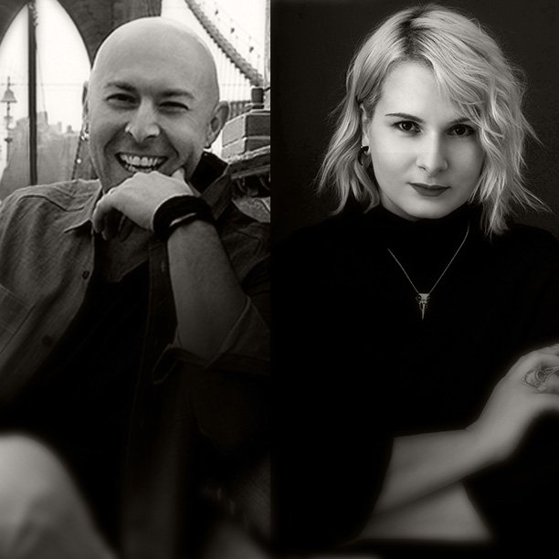 Split-screen black and white photo of a smiling man on the left and a serious woman on the right.