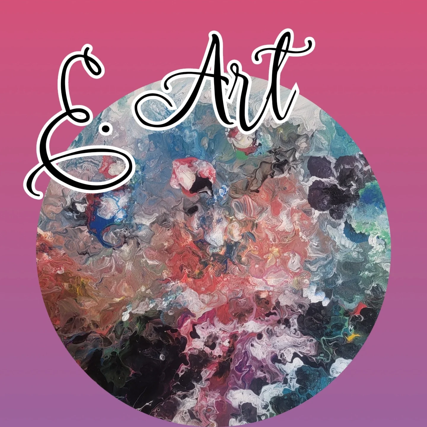 Abstract colorful art with the word 'E. Art' in a handwritten font over a pink background.