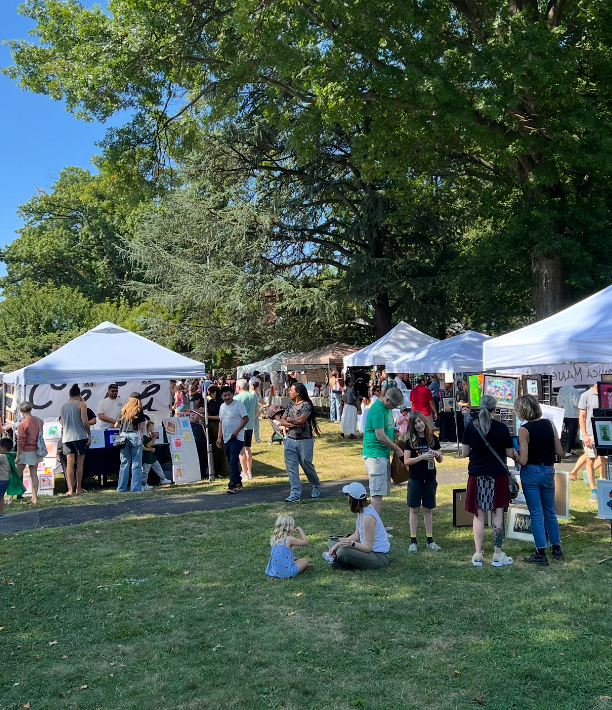 Outdoor art festival with vendor tents, artworks on display, and people walking, sitting, and engaging in activities under large leafy trees on a sunny day.