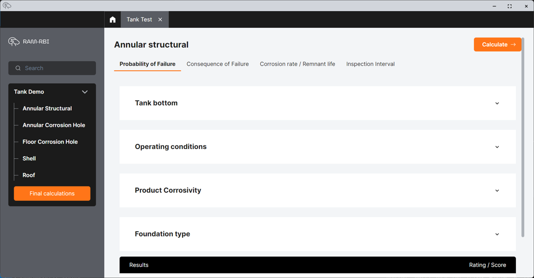 Screenshot of a software interface titled 'Annular structural' with tabs for 'Probability of Failure,' 'Consequence of Failure,' 'Corrosion rate / Remnant life,' and 'Inspection Interval.' The left menu has options for different tank components like 'Tank Demo,' 'Annular Structural,' 'Annular Corrosion Hole,' and others, with a highlighted button labeled 'Final calculations.' An orange 'Calculate' button is at the top right.