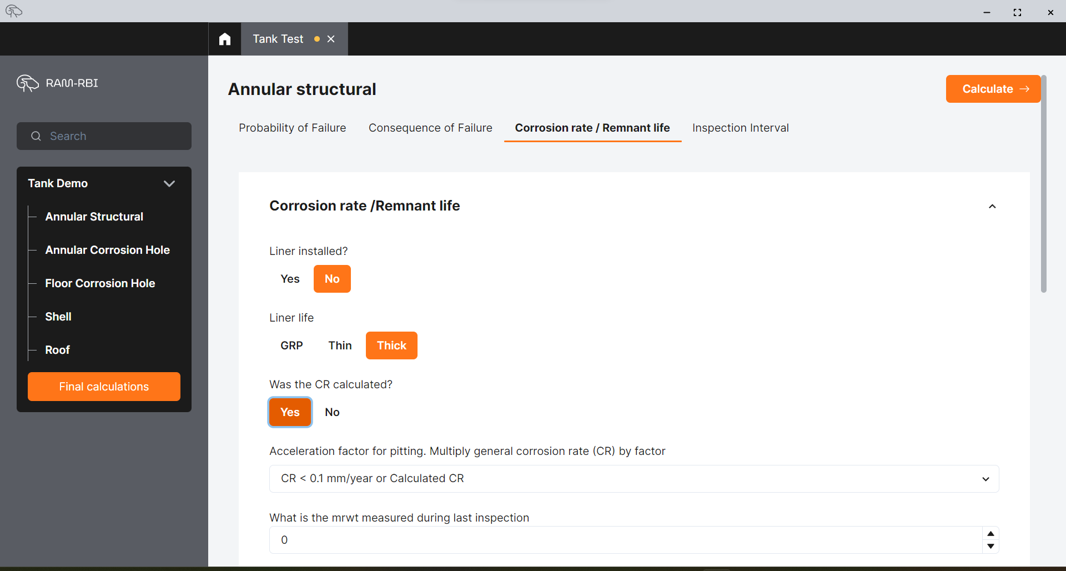 Screenshot of a computer software interface for tank structural analysis. The tab for 'Corrosion rate / Remnant life' is open, showing options and answers related to corrosion rate assessments for tank liners.