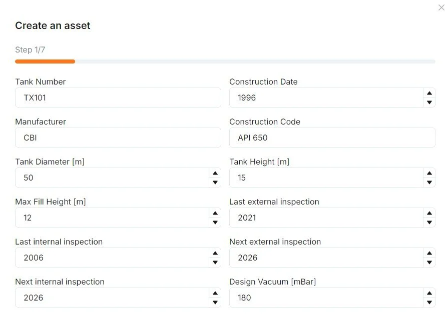 Screenshot of an online form for creating a tank asset, listing details such as tank number (TX101), manufacturer (CBI), construction date (1996), construction code (API 650), tank diameter (50 meters), tank height (15 meters), maximum fill height (12 meters), last external inspection (2021), last internal inspection (2006), next external inspection (2026), next internal inspection (2026), and design vacuum (180 mBar).