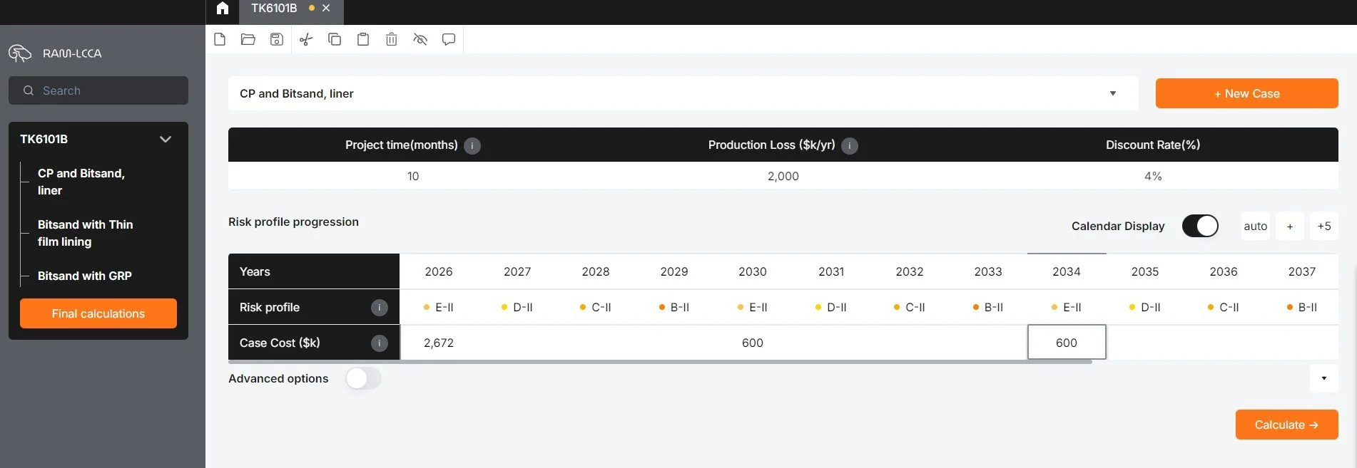 Screenshot of a project management software interface showing a risk profile progression for a project with various risk levels from 2026 to 2037, including project duration, production loss, discount rate, and case costs.