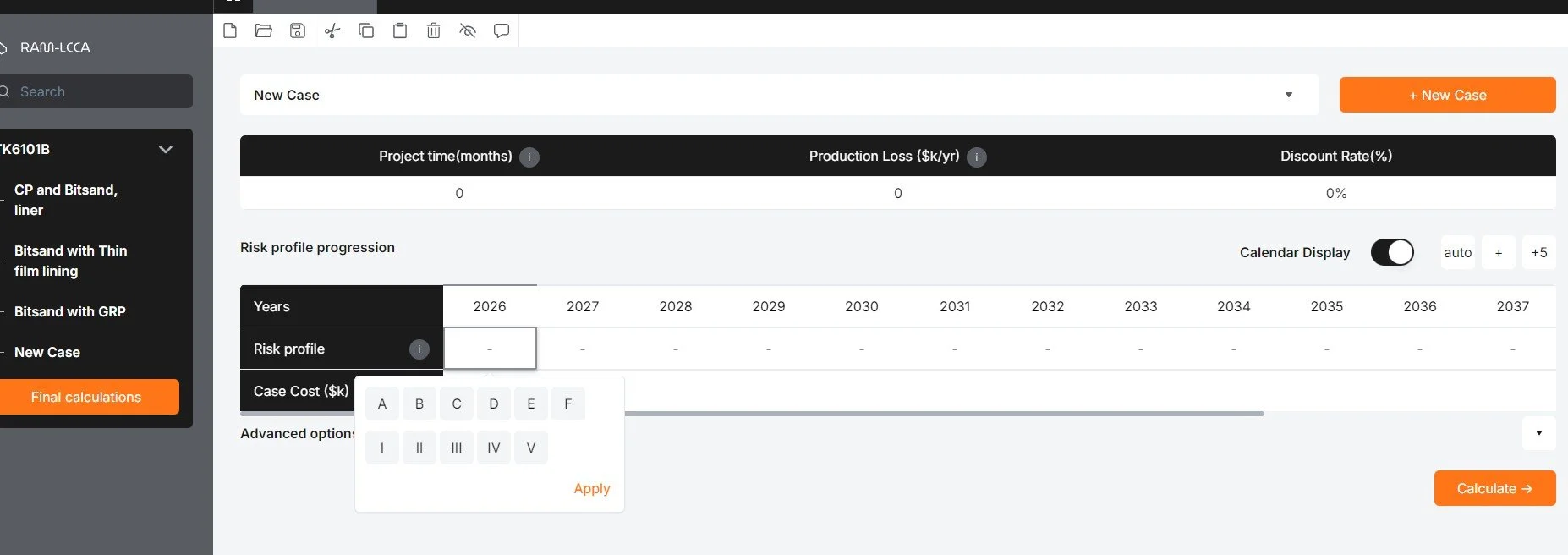 A screenshot of a project management and cost calculation software interface. It includes features such as project timelines, risk profile progression, and cost analysis tools, with buttons for adding new cases and calculating costs.