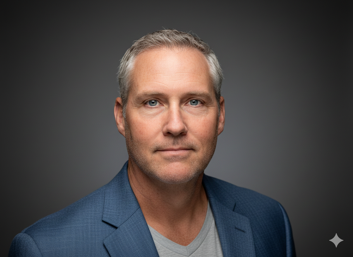 Headshot of a middle-aged man with short gray hair and blue eyes, wearing a blue blazer and a light gray shirt, posed against a dark gray background.