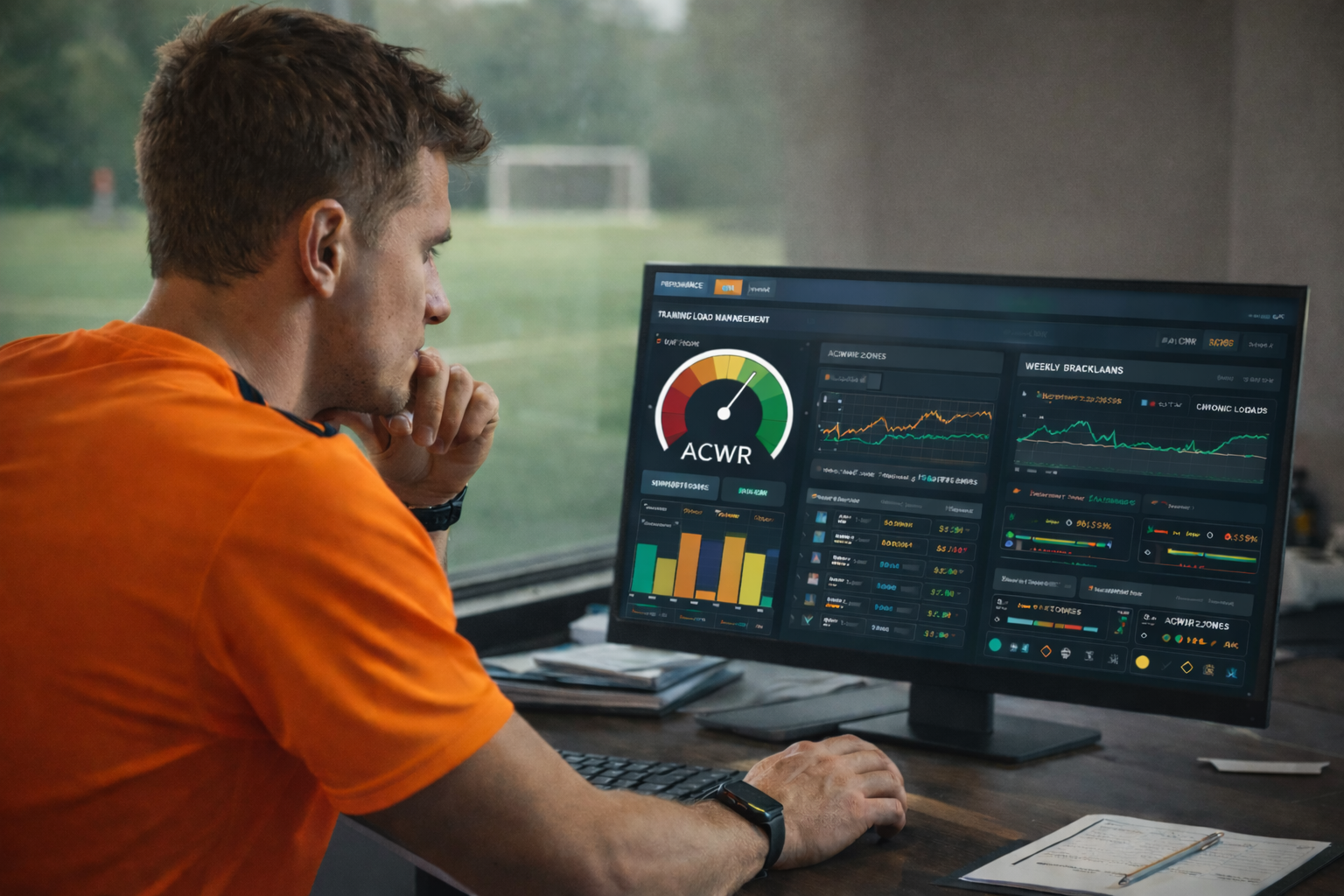 Performance monitoring dashboard showing GPS data, training load analysis, and workload metrics used by NFA coaches.