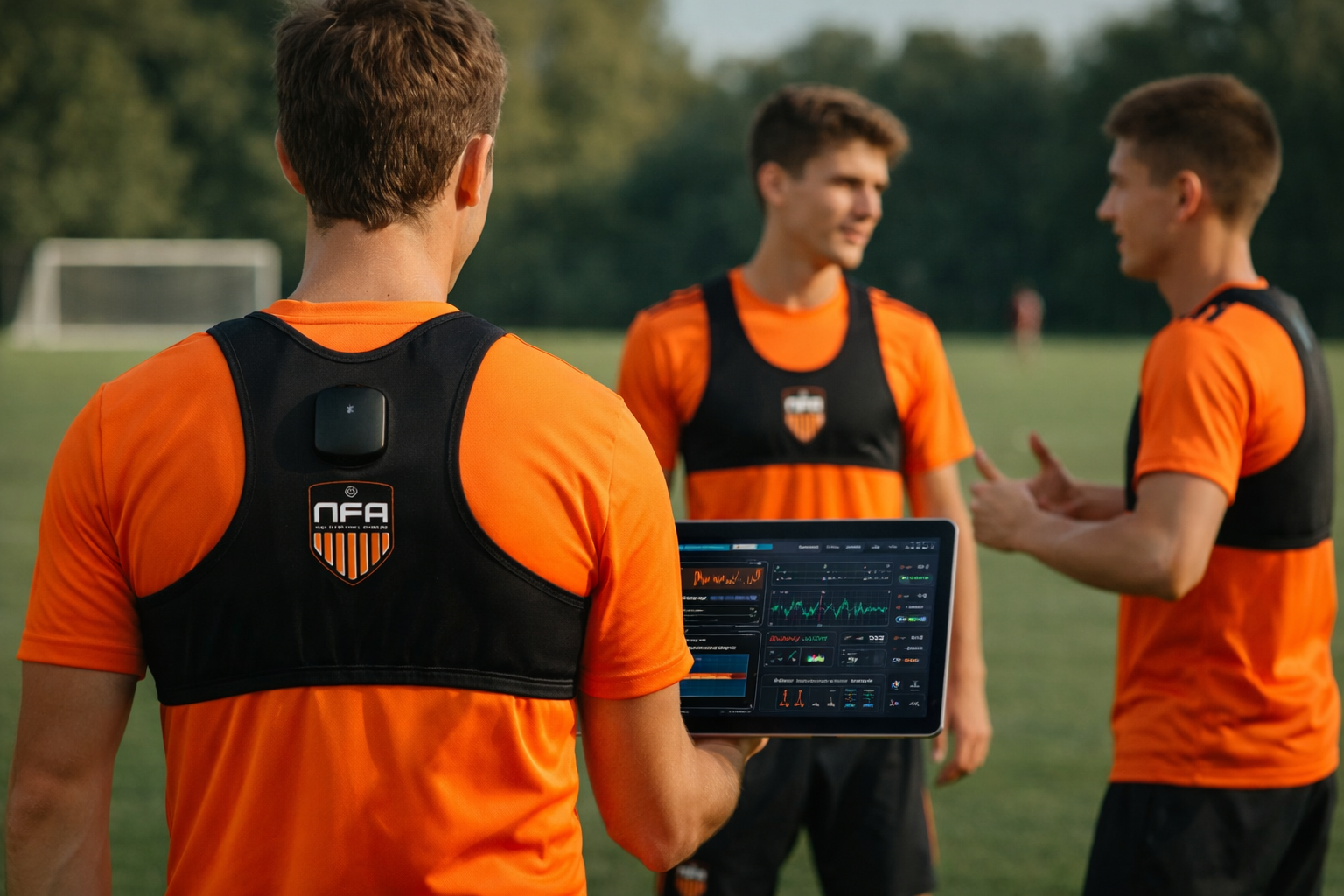 Football players wearing GPS vests during training for performance monitoring at NFA Performance.