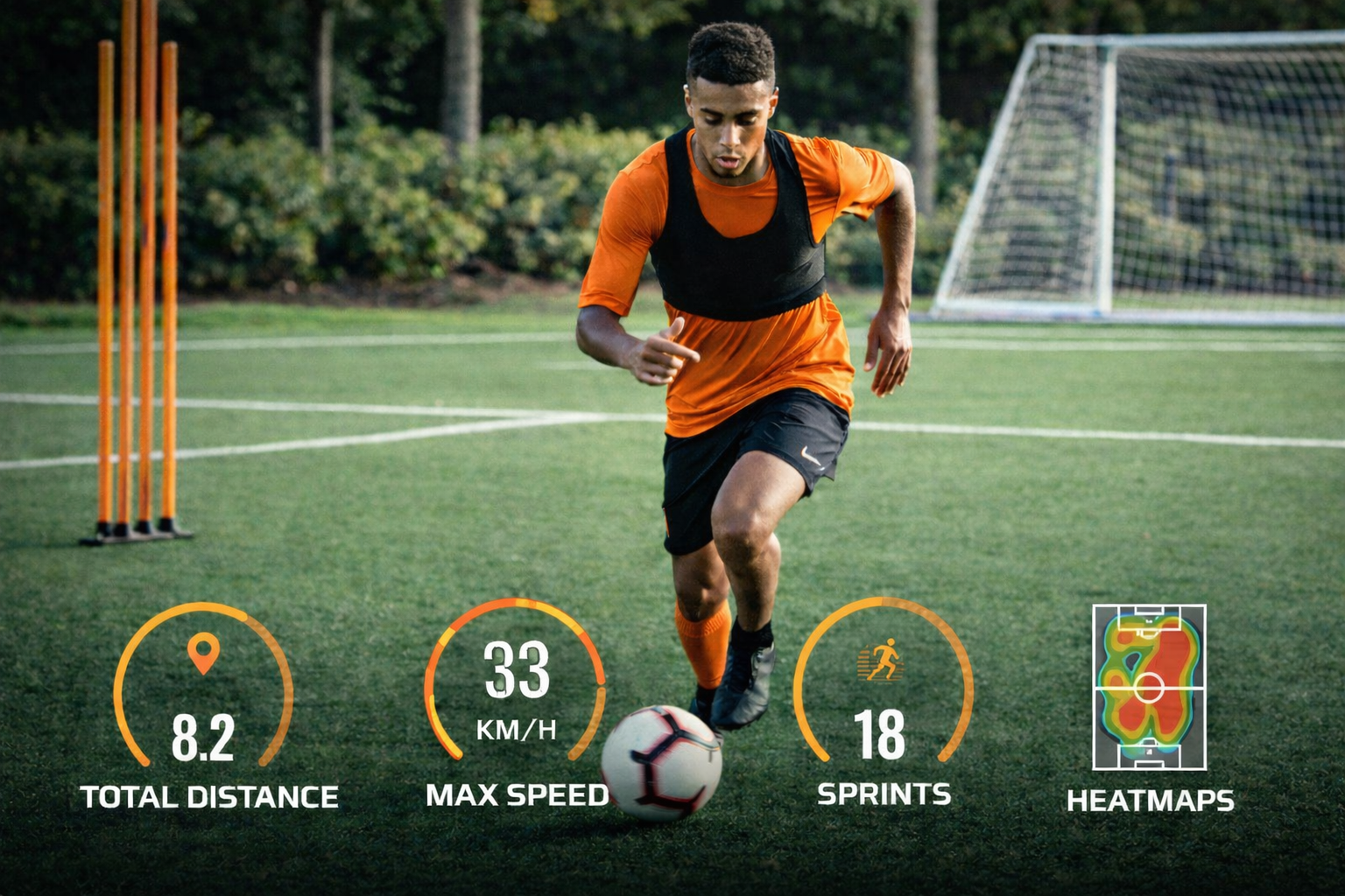 Football performance monitoring during training, showing GPS data analysis for distance, speed, sprints, and movement intensity.