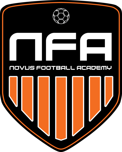 Logo of Novus Football Academy featuring a black shield with orange and white accents, a football at the top, and stylized text.