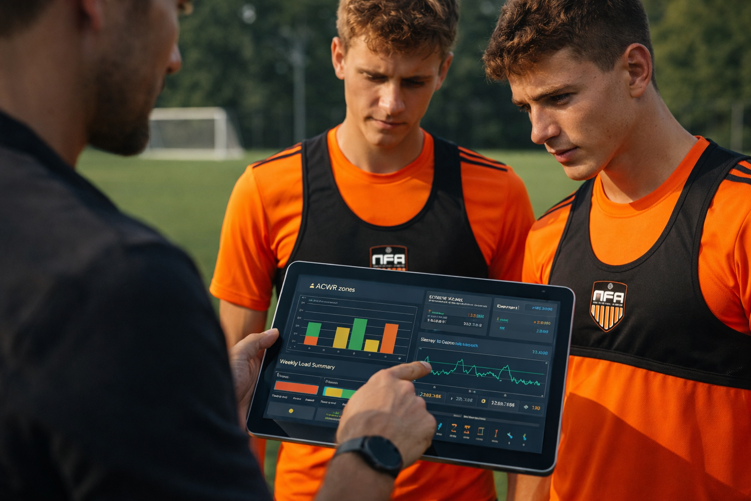 NFA coach reviewing GPS performance data with young football players during on-field training.