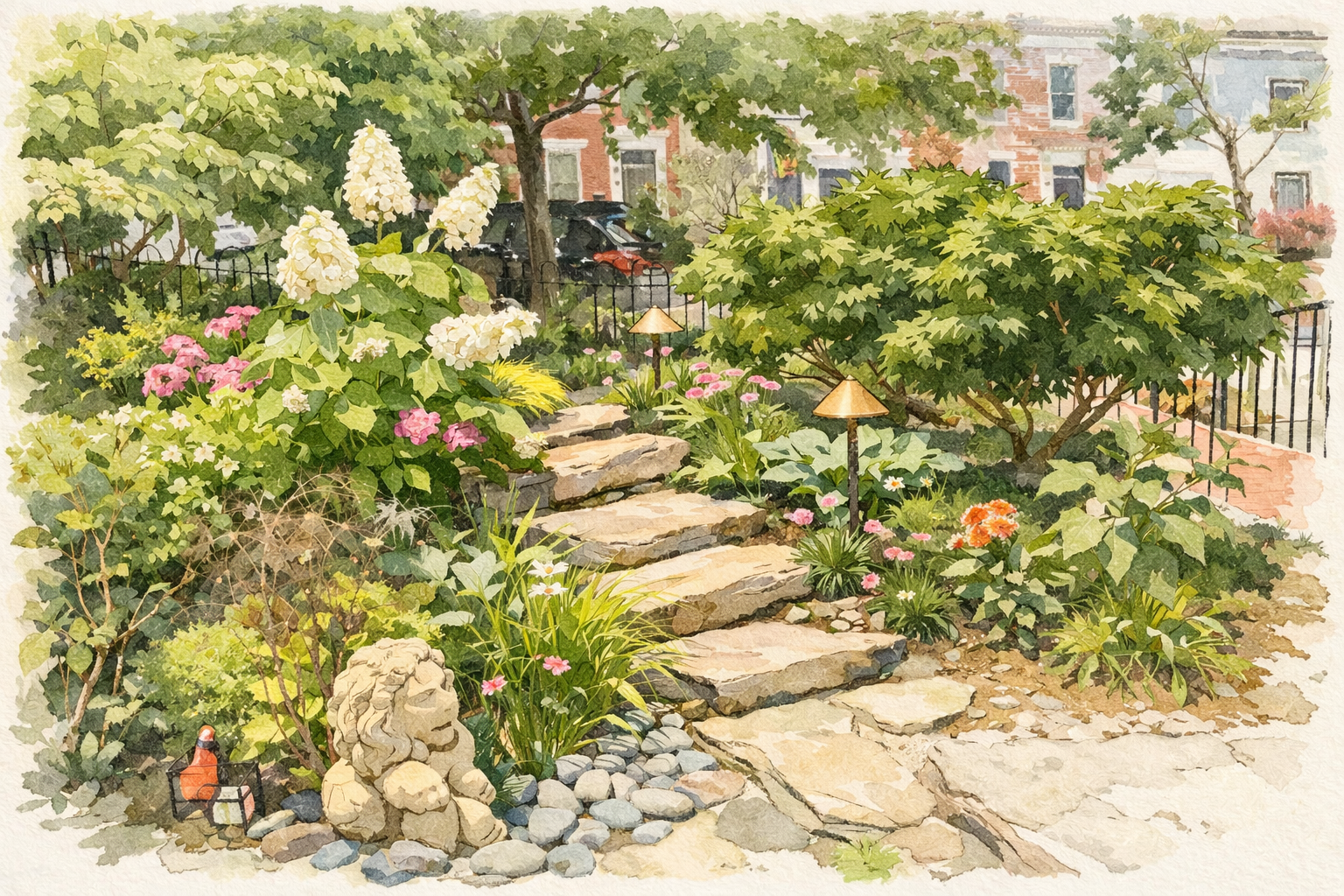 A painted watercolor depiction of a lush garden with stone steps, various flowering plants, trees, and low lighting fixtures, set against a background of residential buildings and parked cars.