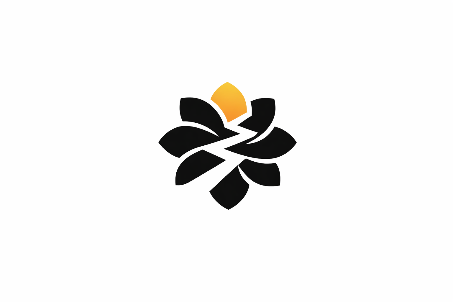 A stylized logo of a black flower with a yellow-orange petal at the top, set against a white background.