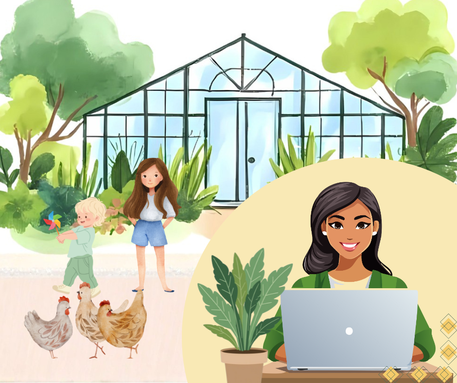 A cartoon scene of a greenhouse surrounded by trees and plants. In front, a woman with black hair and a green shirt is smiling at a laptop. A young girl with long brown hair and a white shirt is standing nearby, with a child holding a pinwheel and three chickens walking in front.
