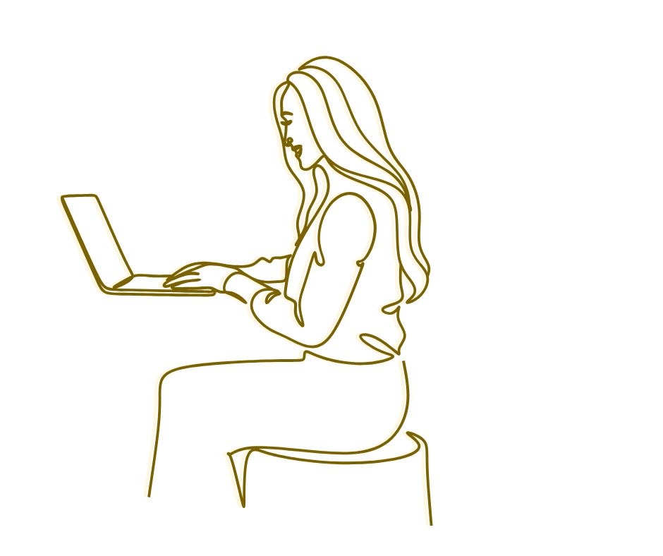 Gold outline of a woman sitting on a stool, using a laptop.